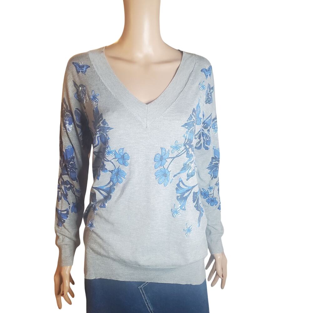 DESIGUAL Size M Womens Gray Blue V-Neck Pullover Jumper Sweater Floral Sequin